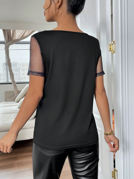 Prive Camiseta De Manga Corta Para Mujer Con Diseno De Rejilla