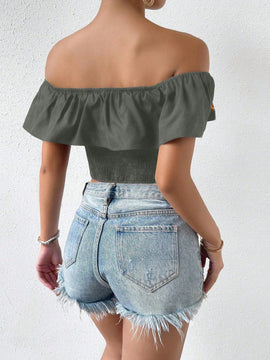 Prive Blusa Ajustada Con Hombros Descubiertos Bordada Con Flores Y Ribete De Volantes