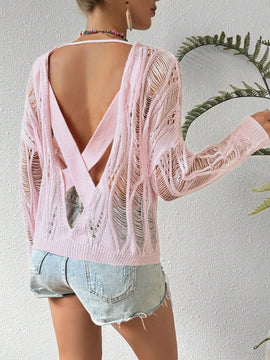 VCAY Sueter De Jersey De Manga Murcielago Hueco De Cuello Redondo Para Mujer
