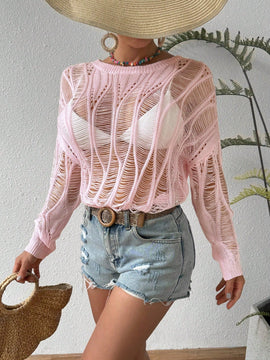 VCAY Sueter De Jersey De Manga Murcielago Hueco De Cuello Redondo Para Mujer