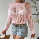 VCAY Sueter De Jersey De Manga Murcielago Hueco De Cuello Redondo Para Mujer