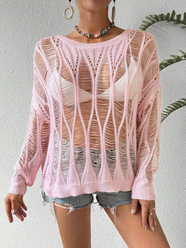 VCAY Sueter De Jersey De Manga Murcielago Hueco De Cuello Redondo Para Mujer