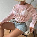 VCAY Sueter De Jersey De Manga Murcielago Hueco De Cuello Redondo Para Mujer