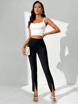 Tall Pantalones De Pierna Ancha Para Mujer Con Cintura Alta Y Dobladillo Con Abertura