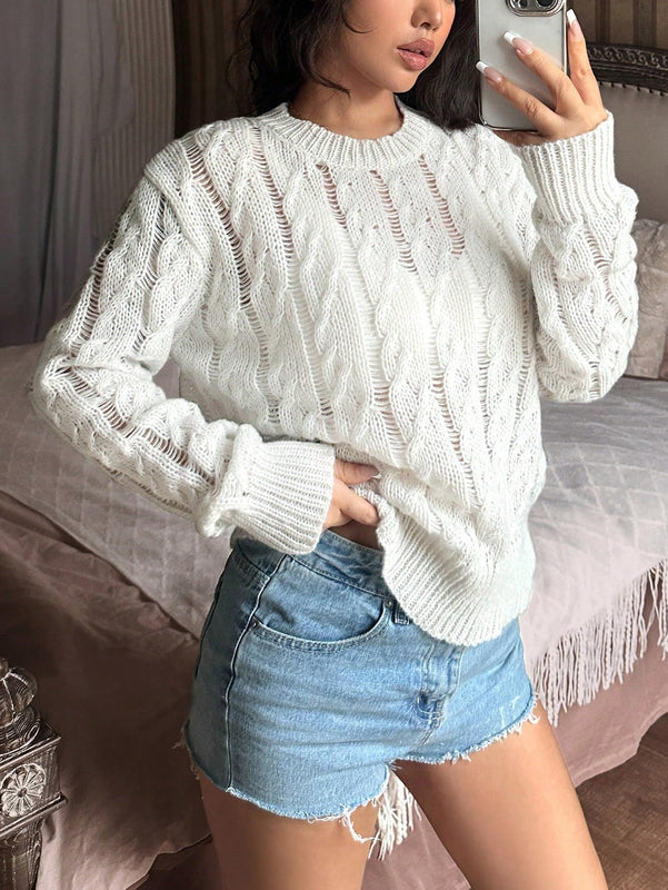 EZwear Sueter Tejido Para Mujeres De Un Solo Color Con Acabado Calado