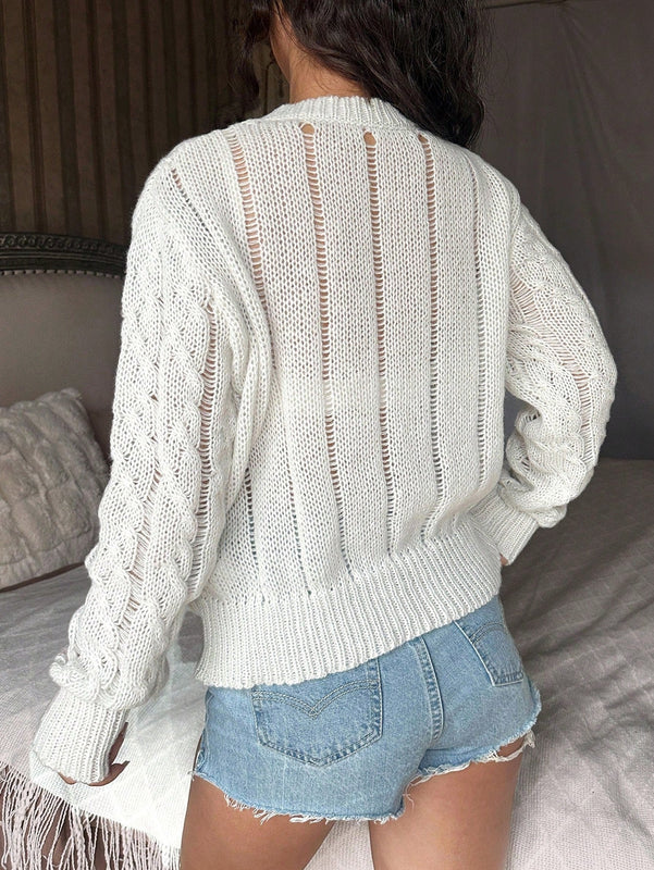 EZwear Sueter Tejido Para Mujeres De Un Solo Color Con Acabado Calado