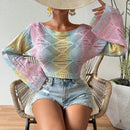 VCAY Jersey Corto De Punto Con Manga Acampanada Y Gradiente Hueco Para Mujer