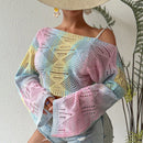 VCAY Jersey Corto De Punto Con Manga Acampanada Y Gradiente Hueco Para Mujer