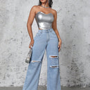 Pantalones De Mezclilla Holgados Y Rasgados En Estilo Distresado