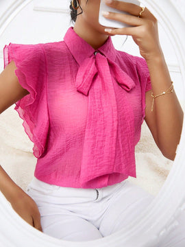 VCAY Blusa Femenina Con Cuello Con Cordones, Parches En Encaje Y Dobladillo Con Volantes