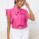 VCAY Blusa Femenina Con Cuello Con Cordones, Parches En Encaje Y Dobladillo Con Volantes