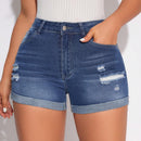 Pantalones Cortos De Mezclilla Desgastados Con Dobladillo Enrollado Para Mujer