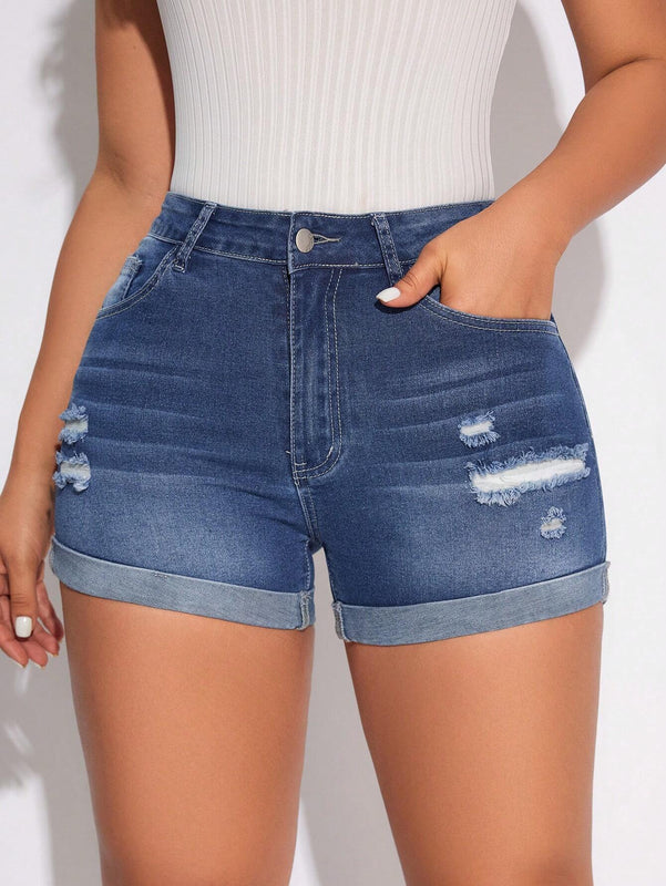 Pantalones Cortos De Mezclilla Desgastados Con Dobladillo Enrollado Para Mujer