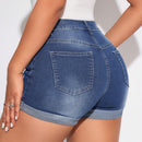 Pantalones Cortos De Mezclilla Desgastados Con Dobladillo Enrollado Para Mujer