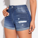 Pantalones Cortos De Mezclilla Desgastados Con Dobladillo Enrollado Para Mujer