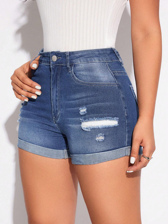 Pantalones Cortos De Mezclilla Desgastados Con Dobladillo Enrollado Para Mujer