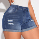 Pantalones Cortos De Mezclilla Desgastados Con Dobladillo Enrollado Para Mujer