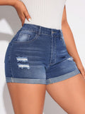 Pantalones Cortos De Mezclilla Desgastados Con Dobladillo Enrollado Para Mujer