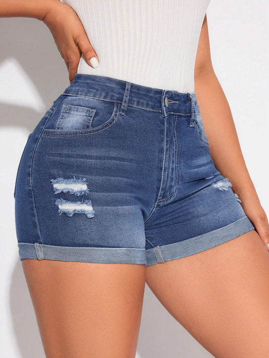 Pantalones Cortos De Mezclilla Desgastados Con Dobladillo Enrollado Para Mujer