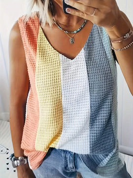 Top De Tirantes Casual Tejido Con Retazos De Bloques De Color De Punto Estilo Gofre Con Rayas Para Vacaciones