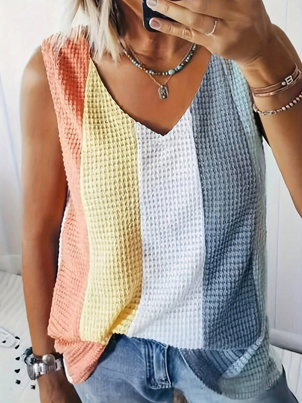 Top De Tirantes Casual Tejido Con Retazos De Bloques De Color De Punto Estilo Gofre Con Rayas Para Vacaciones
