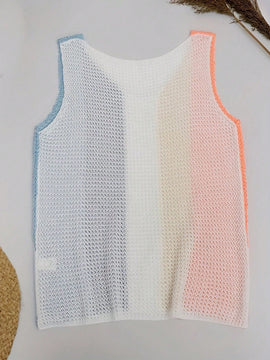 Top De Tirantes Casual Tejido Con Retazos De Bloques De Color De Punto Estilo Gofre Con Rayas Para Vacaciones