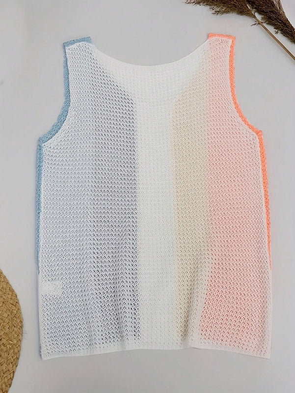 Top De Tirantes Casual Tejido Con Retazos De Bloques De Color De Punto Estilo Gofre Con Rayas Para Vacaciones