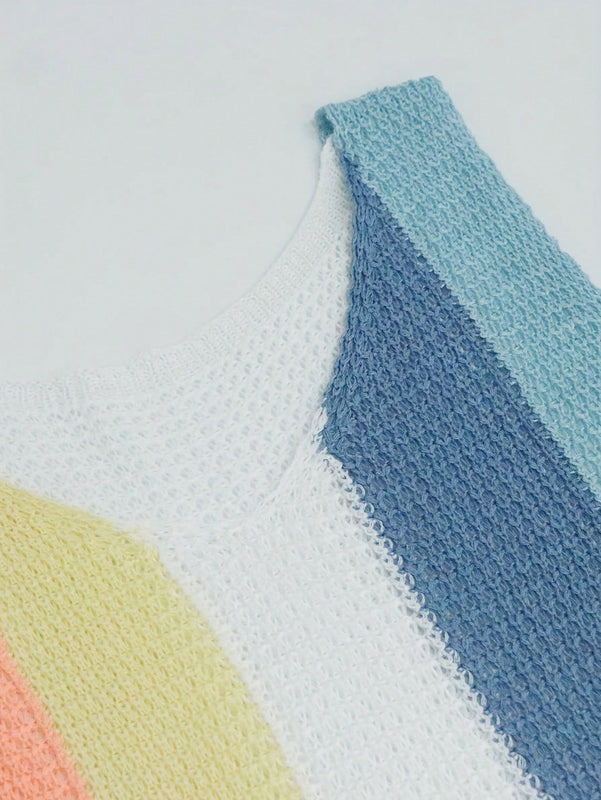 Top De Tirantes Casual Tejido Con Retazos De Bloques De Color De Punto Estilo Gofre Con Rayas Para Vacaciones