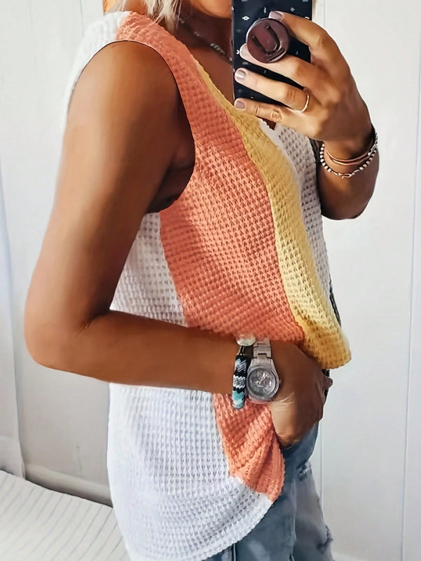 Top De Tirantes Casual Tejido Con Retazos De Bloques De Color De Punto Estilo Gofre Con Rayas Para Vacaciones