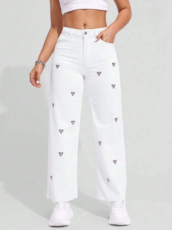 EZwear Jeans De Mezclilla De Pierna Ancha Para Mujeres Con Bordado De Corazon