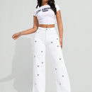 EZwear Jeans De Mezclilla De Pierna Ancha Para Mujeres Con Bordado De Corazon