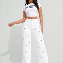 EZwear Jeans De Mezclilla De Pierna Ancha Para Mujeres Con Bordado De Corazon