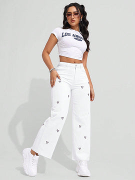 EZwear Jeans De Mezclilla De Pierna Ancha Para Mujeres Con Bordado De Corazon
