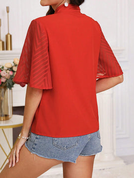 Camisa De Mujer Con Mangas De Mariposa De Bloque De Color Y Nudo En La Parte Frontal