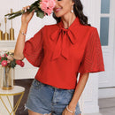 Camisa De Mujer Con Mangas De Mariposa De Bloque De Color Y Nudo En La Parte Frontal