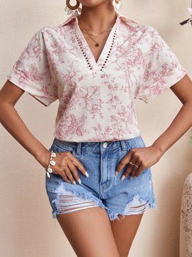 VCAY Blusa De Manga Corta Murcielago Con Estampado Floral Para Mujer