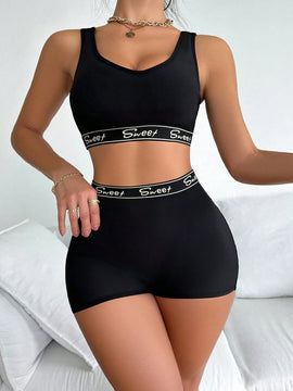 Conjunto De Ropa Interior De Sosten Y Panty Con Estampado De Carta Y Bandas Elasticas, Ajuste Delgado Para Mujeres.