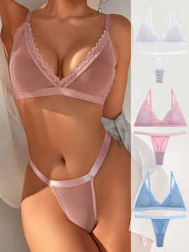 6 Piezas/set Ropa Interior Sexy Inalambrica De Malla Con Borde De Encaje Para Mujer