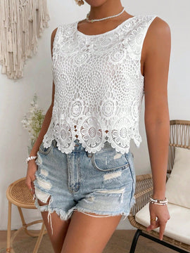 VCAY Blusa De Encaje Sin Mangas Con Cuello Redondo Para Mujer
