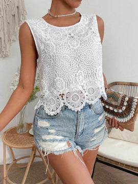 VCAY Blusa De Encaje Sin Mangas Con Cuello Redondo Para Mujer