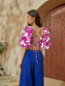 VCAY Camisa Con Cintura Anudada Sin Espalda Y Cuello De Corazon Con Estampado De Flores