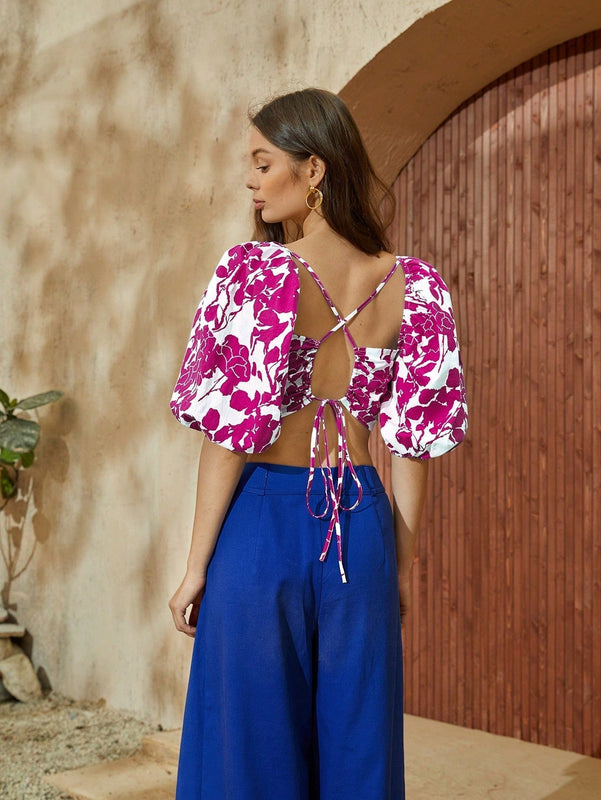 VCAY Camisa Con Cintura Anudada Sin Espalda Y Cuello De Corazon Con Estampado De Flores