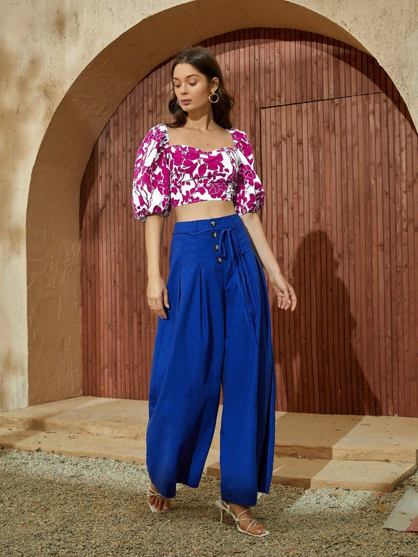 VCAY Camisa Con Cintura Anudada Sin Espalda Y Cuello De Corazon Con Estampado De Flores