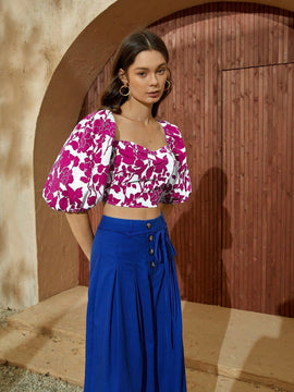 VCAY Camisa Con Cintura Anudada Sin Espalda Y Cuello De Corazon Con Estampado De Flores