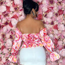 SXY Camisa De Hombros Descubiertos Para Mujer En El Dia De San Valentin Con Mangas Abullonadas Y Diseno De Bloques De Color Y Estampado Floral