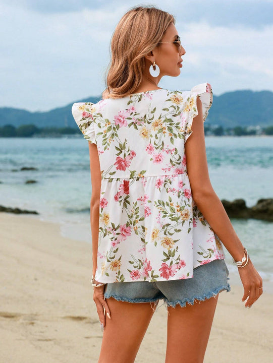 VCAY Top De Manga Voladora Con Estampado Floral Para Mujeres En Vacaciones