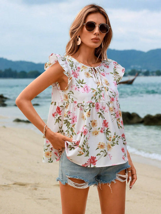 VCAY Top De Manga Voladora Con Estampado Floral Para Mujeres En Vacaciones