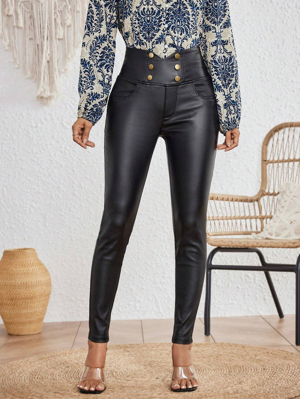 Essnce Pantalon de moda ajustado con botones solido en detalle de color, ideal para la calle