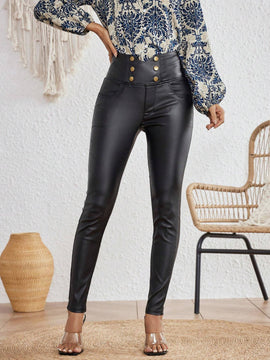 Essnce Pantalon de moda ajustado con botones solido en detalle de color, ideal para la calle