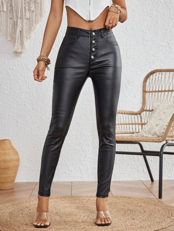 Essnce Pantalones largos ajustados casuales y simples con botones en la bragueta